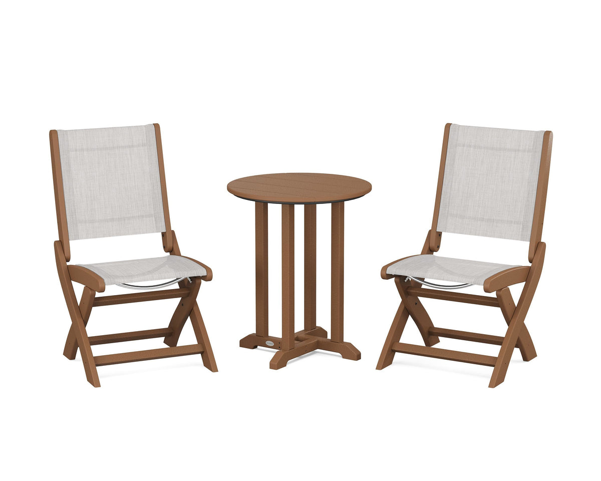 POLYWOOD Coastal Folding Side Chair 3-Piece Round Bistro Dining Set in Teak / Parchment
