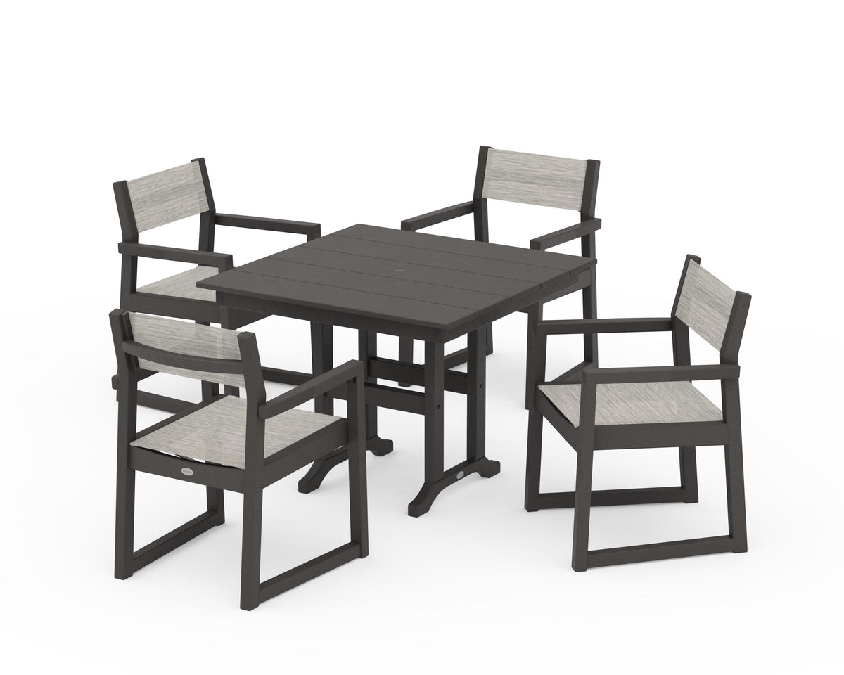 POLYWOOD EDGE Sling Arm Chair 5-Piece Farmhouse Dining Set in Vintage Coffee / Birch
