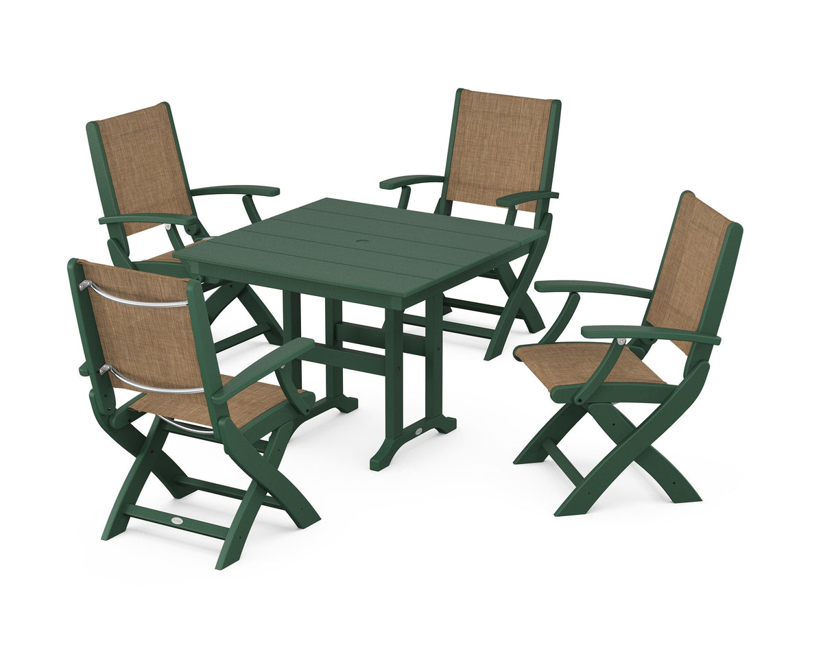 POLYWOOD Coastal Folding Chair 5-Piece Farmhouse Dining Set in Green / Burlap