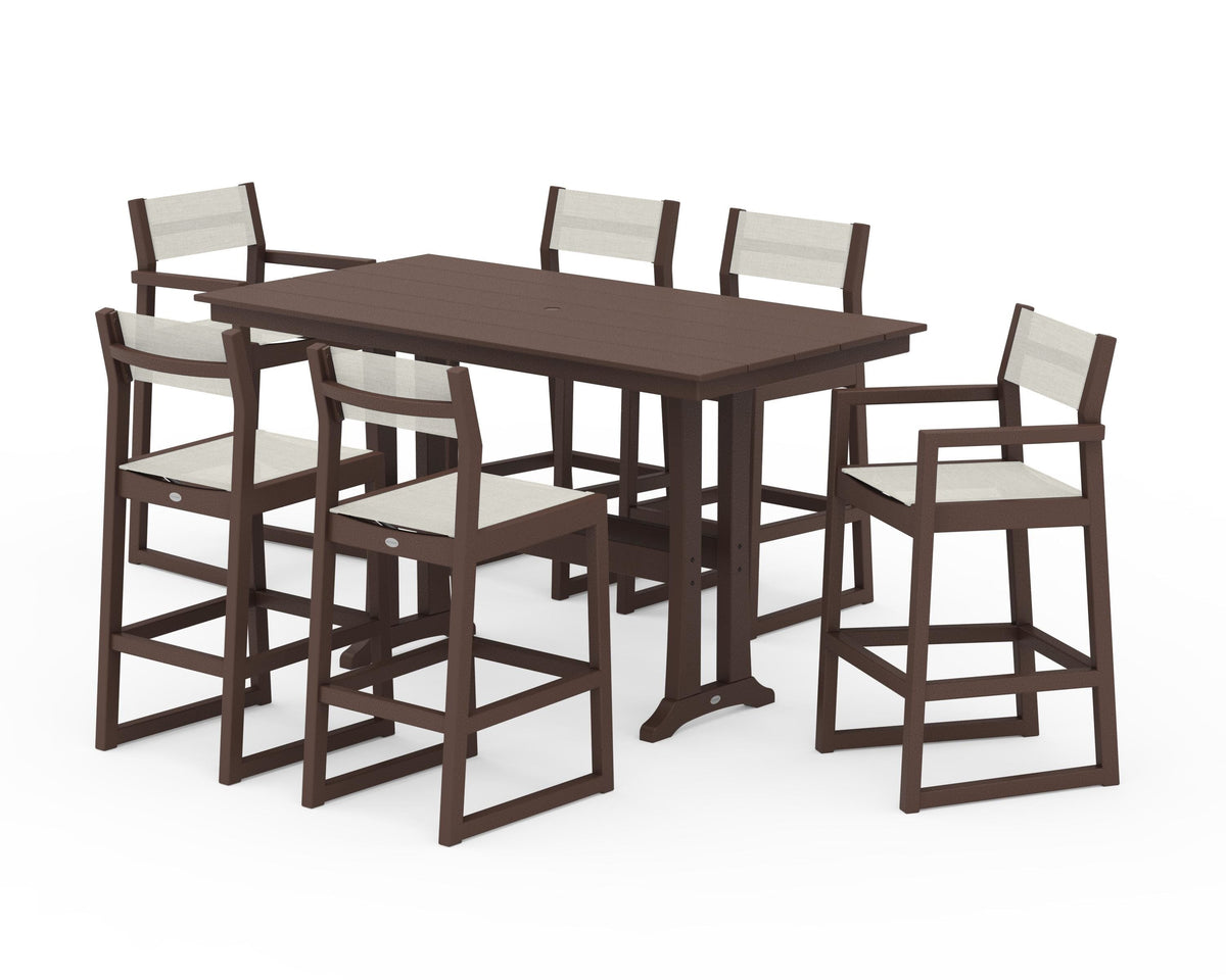 POLYWOOD EDGE Sling 7-Piece Farmhouse Bar Set with Trestle Legs in Mahogany / Parchment
