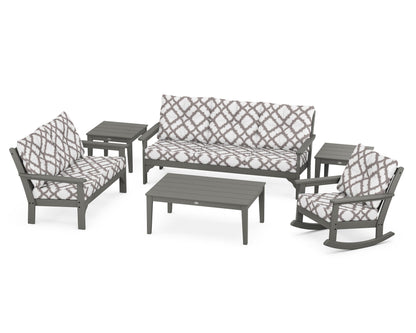 POLYWOOD Vineyard 6-Piece Deep Seating Set with Rocking Chair in Slate Grey / Trellis Grey Mist