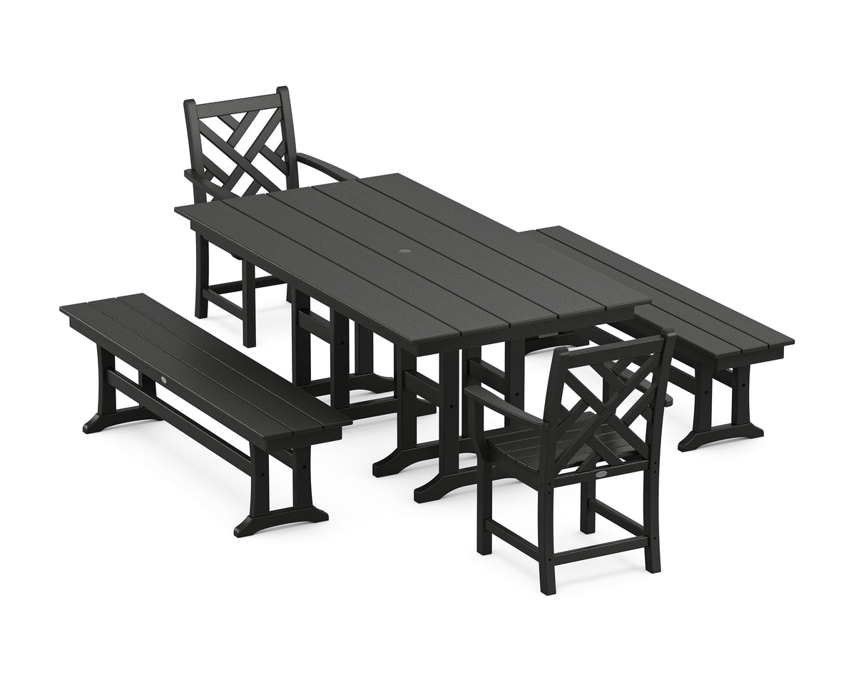 POLYWOOD Chippendale 5-Piece Farmhouse Dining Set with Benches in Black