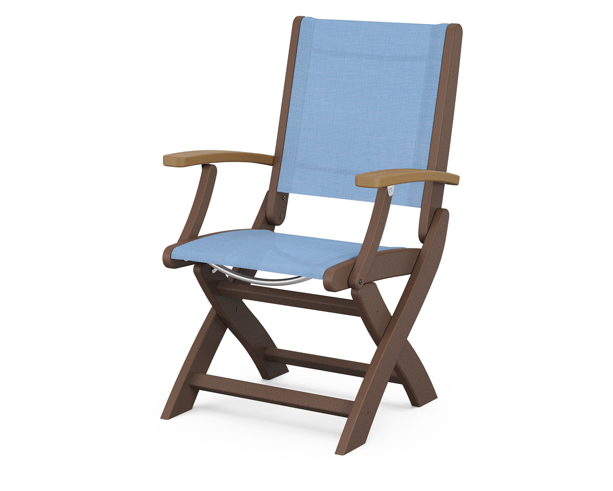 POLYWOOD Coastal Folding Chair in Mahogany with Natural arms and Poolside sling