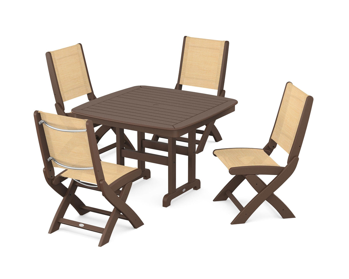 POLYWOOD Coastal Folding Side Chair 5-Piece Dining Set with Nautical 44" Dining Table in Mahogany / Dupioni Apricot