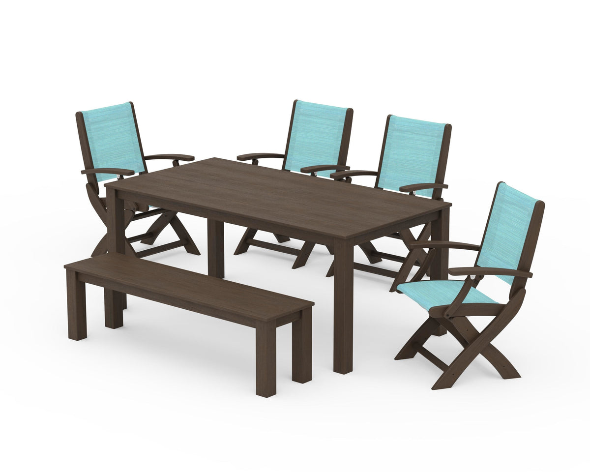 POLYWOOD Coastal Folding Chair 6-Piece Parsons Dining Set with Bench in Kona / Dupioni Aquamarine