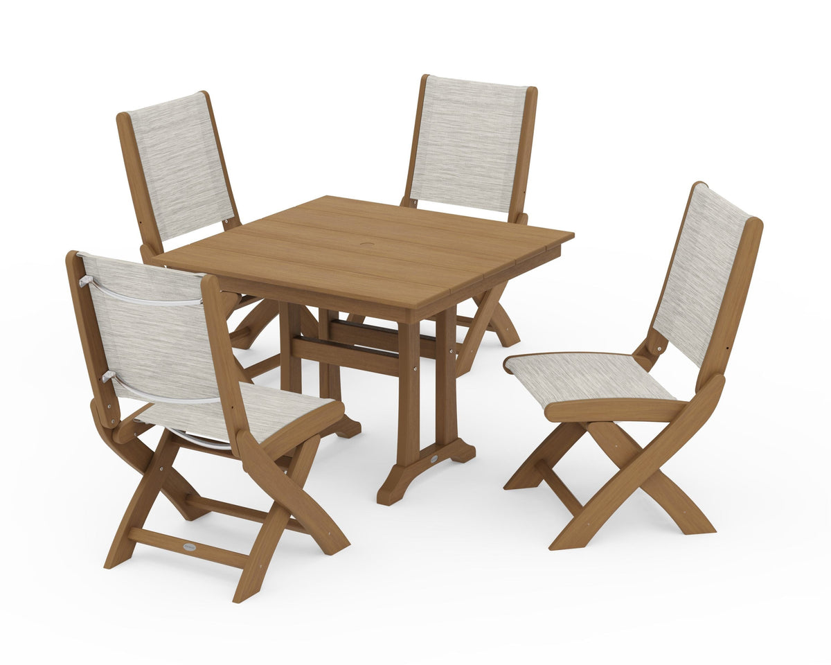 POLYWOOD Coastal Folding Side Chair 5-Piece Farmhouse Dining Set With Trestle Legs in Natural / Birch