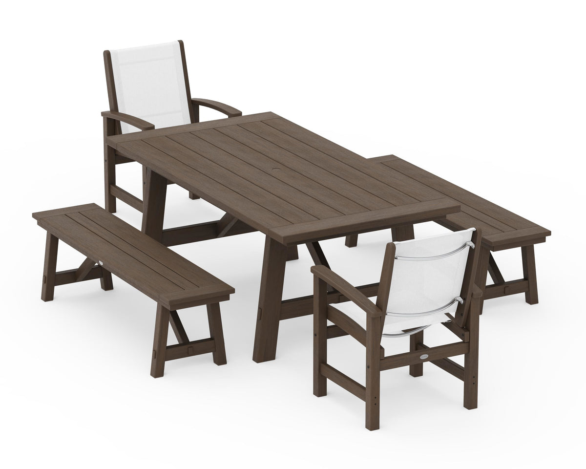 POLYWOOD Coastal 5-Piece Rustic Farmhouse Dining Set With Benches in Kona / White
