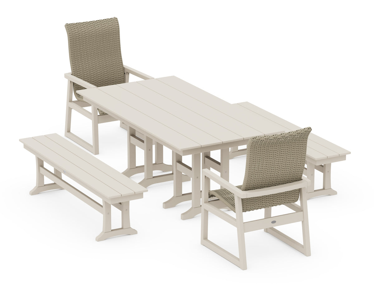 POLYWOOD EDGE Woven High-Back 5-Piece Farmhouse Dining Set with Benches in Sand / Dune Grass