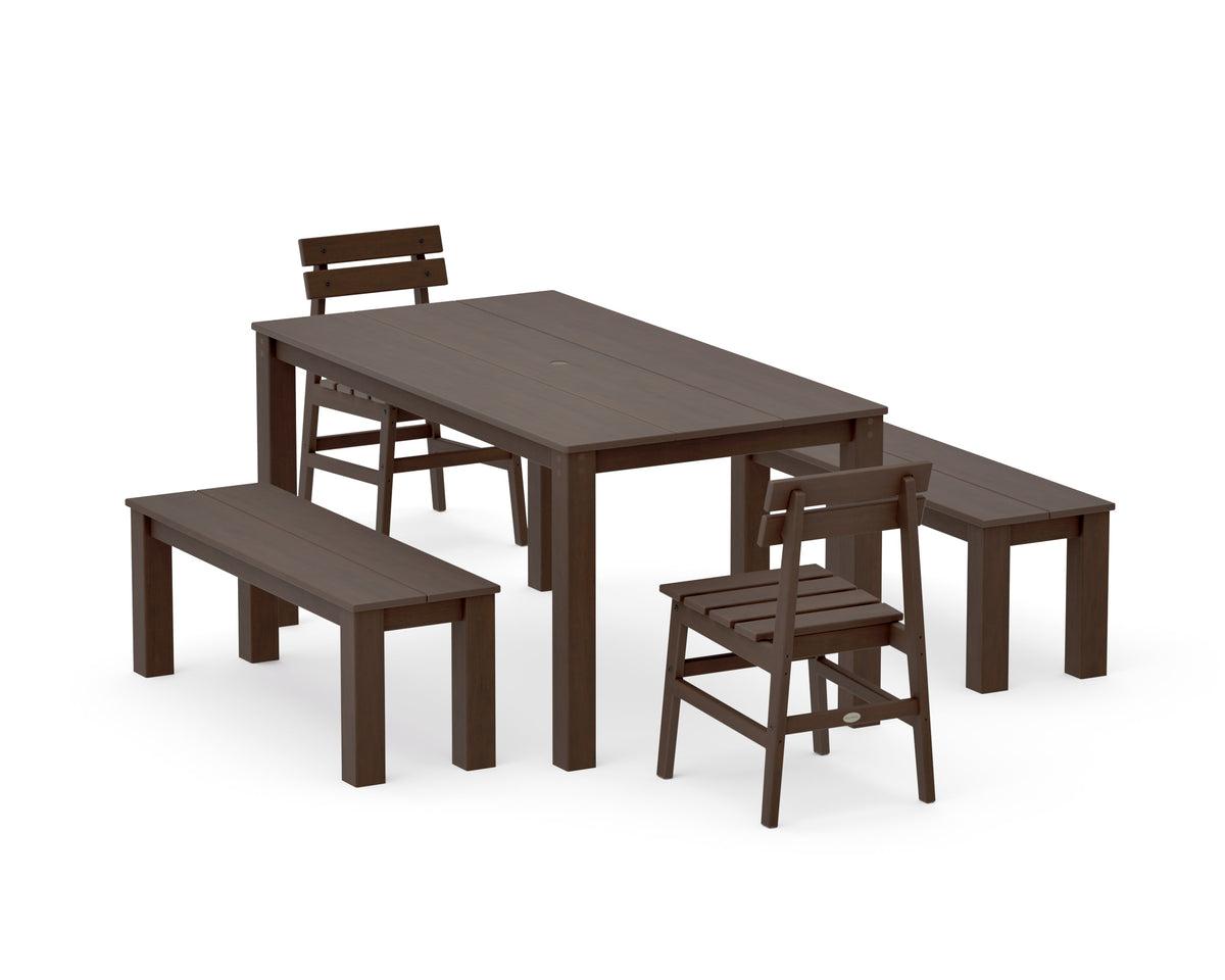 POLYWOOD Modern Studio Plaza Chair 5-Piece Parsons Dining Set with Benches - 34" x 64" Table in Kona