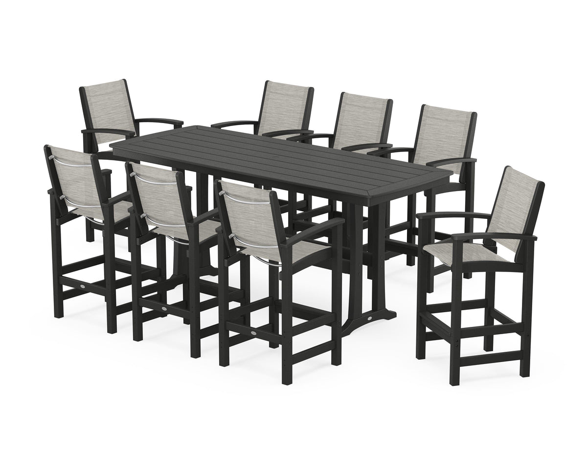POLYWOOD Coastal 9-Piece Bar Set with Trestle Legs in Black / Birch