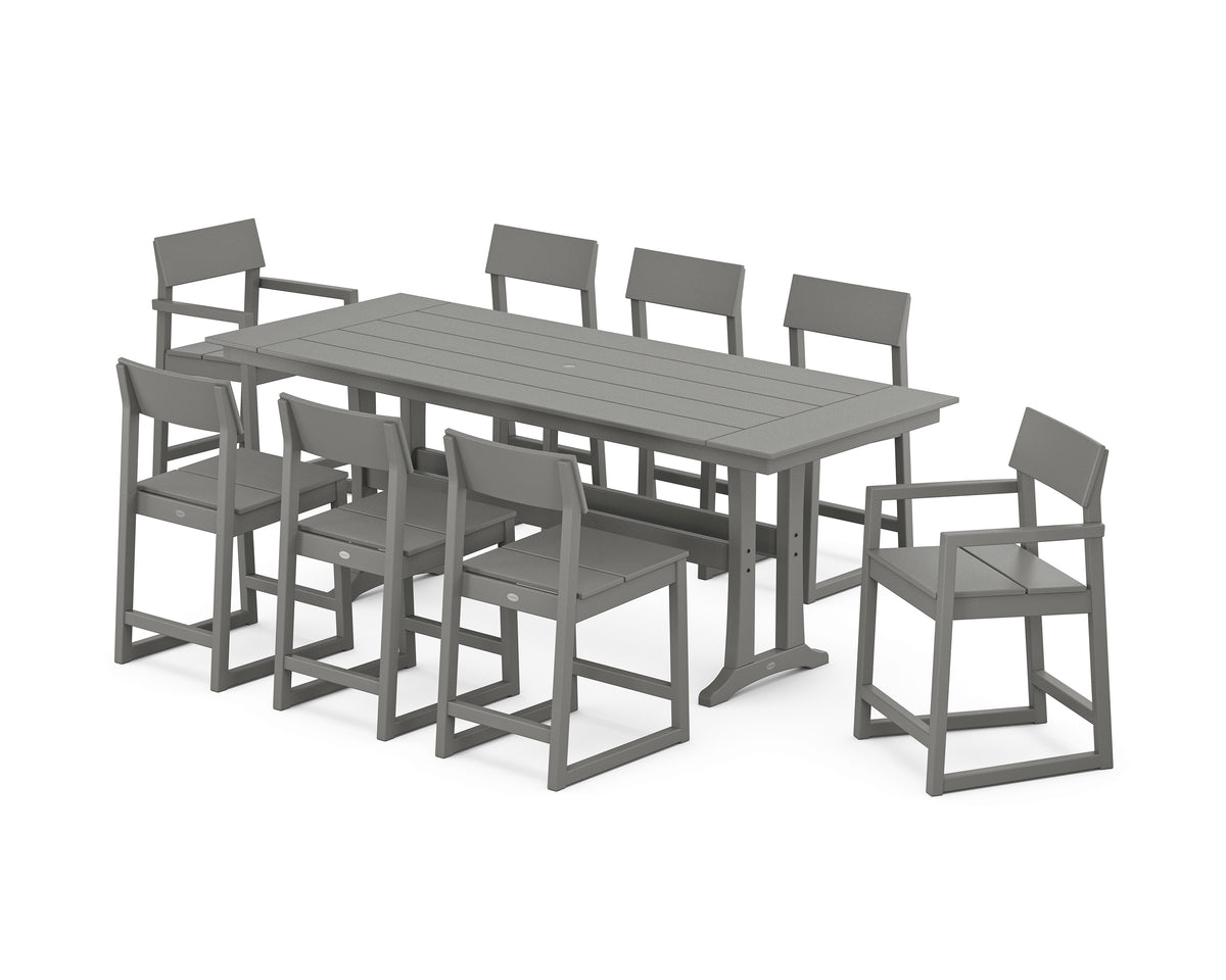 POLYWOOD EDGE 9-Piece Farmhouse Counter Set with Trestle Legs in Slate Grey