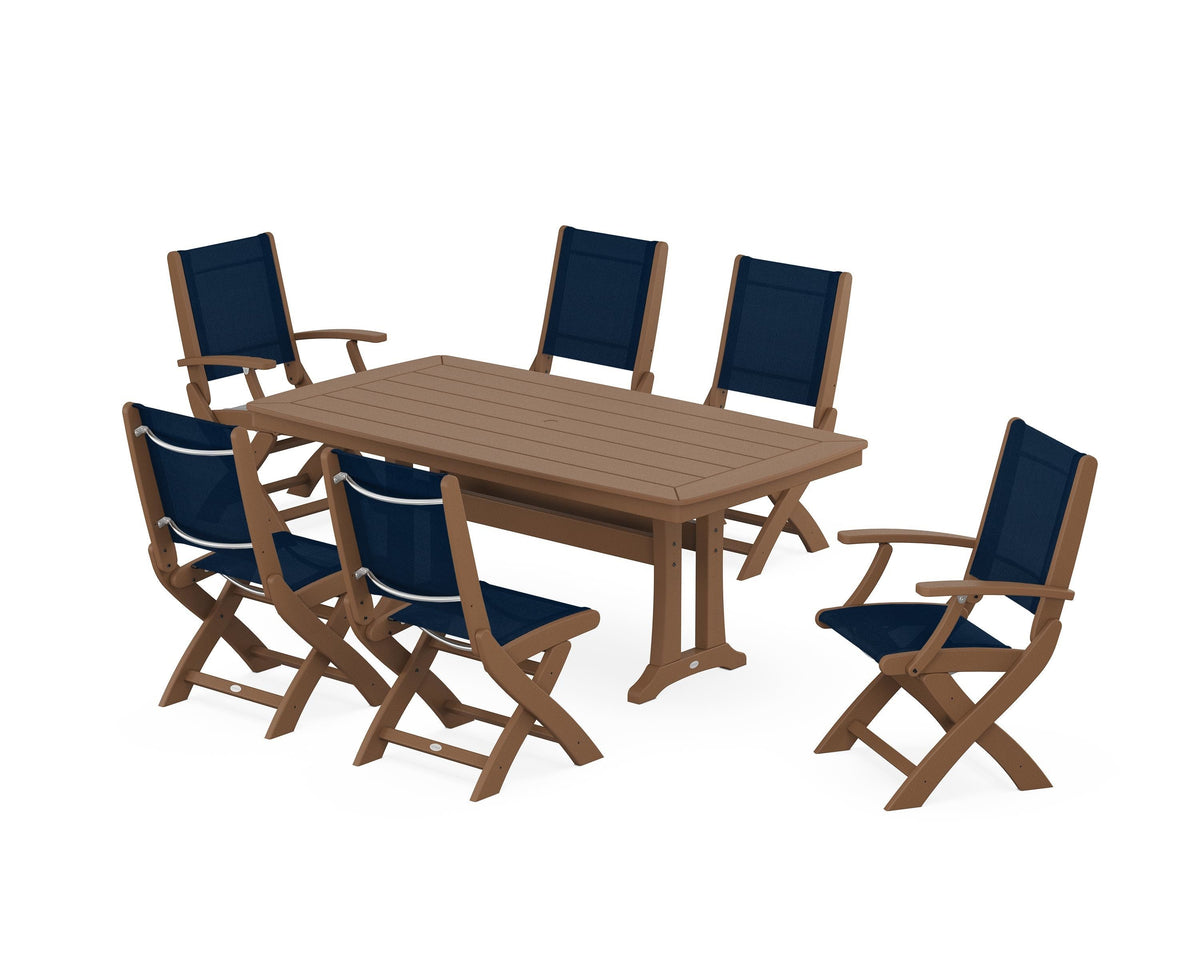 POLYWOOD Coastal Folding Chair 7-Piece Dining Set with Trestle Legs with Nautical Trestle 38" x 73" Dining Table in Teak / Navy Blue