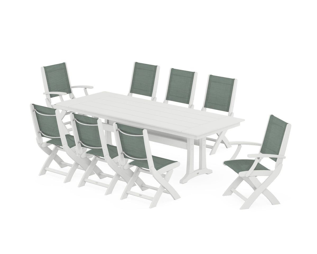 POLYWOOD Coastal 9-Piece Folding Dining Chair Farmhouse Dining Set with Trestle Legs in White / Dupioni Sea Mist