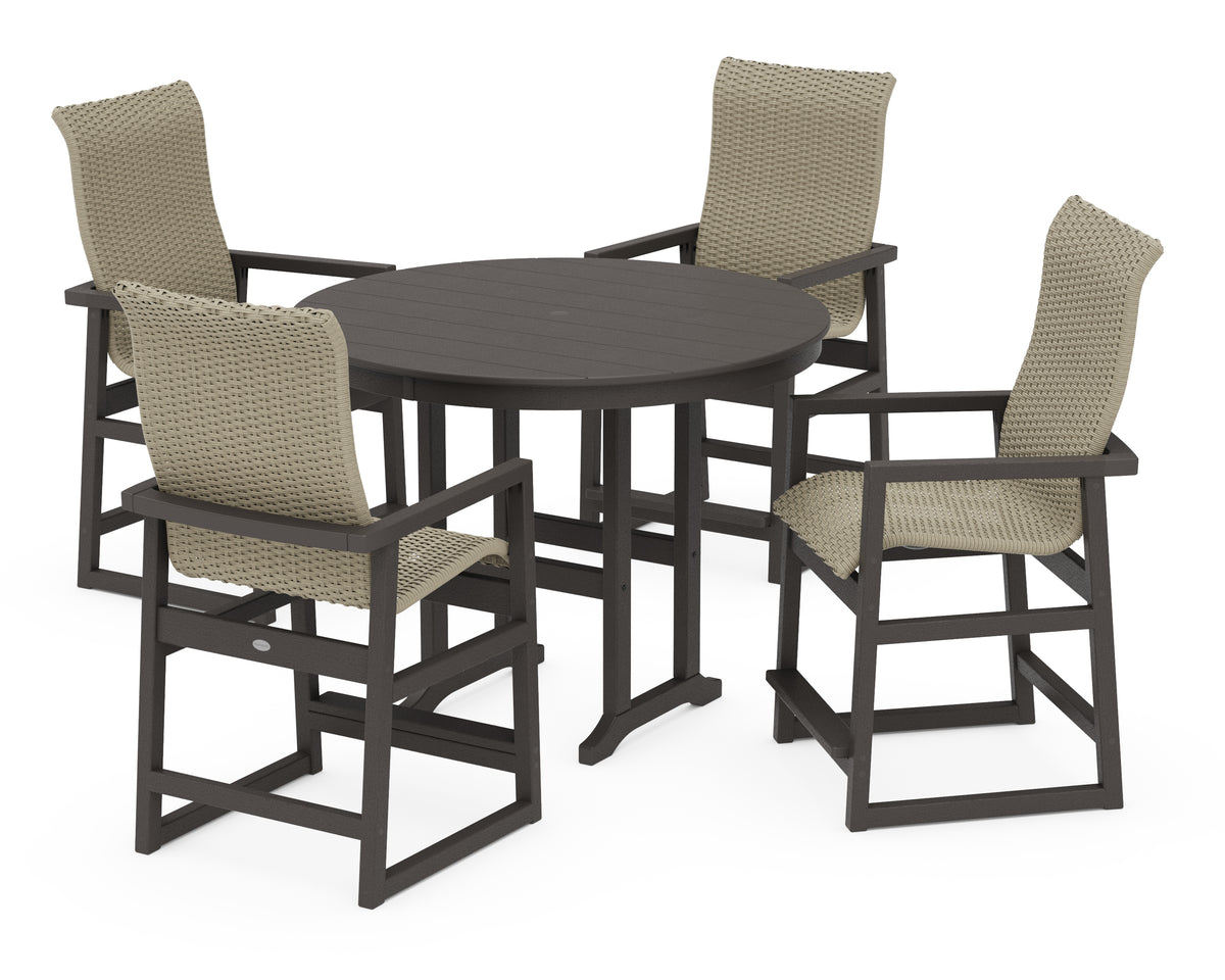 POLYWOOD EDGE Woven Highback 5-Piece Round Farmhouse Counter Set in Vintage Coffee / Dune Grass