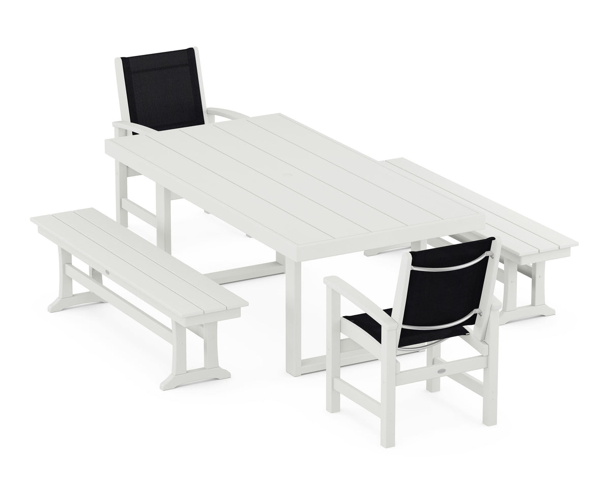 POLYWOOD Coastal 5-Piece Dining Set with Trestle Legs with EDGE 40" x 78" Dining Table in Vintage White / Black