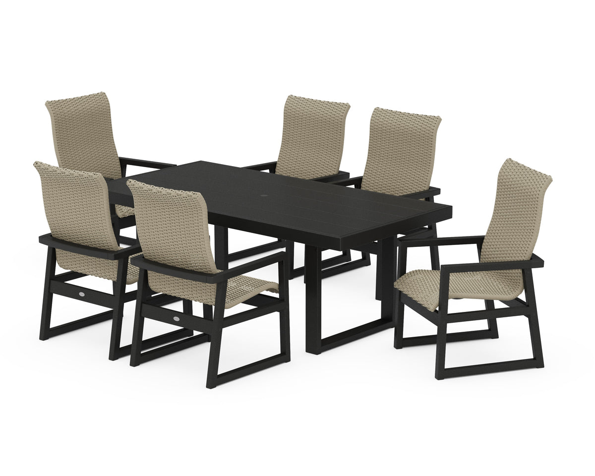 POLYWOOD EDGE Woven High-Back Arm Chair 7-Piece Dining Set in Black / Dune Grass