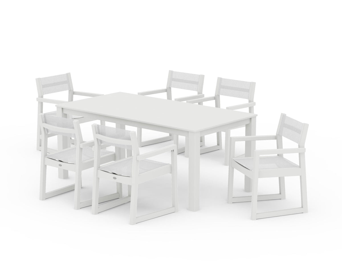 POLYWOOD EDGE Sling Arm Chair 7-Piece Parsons Dining Set in Vintage White / White