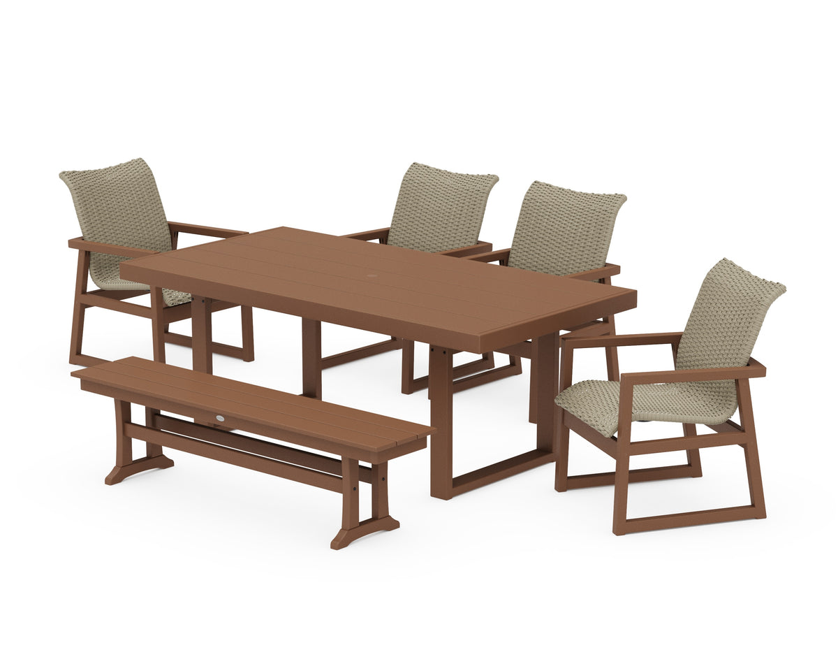 POLYWOOD EDGE Woven 6-Piece Dining Set with Bench in Teak / Dune Grass