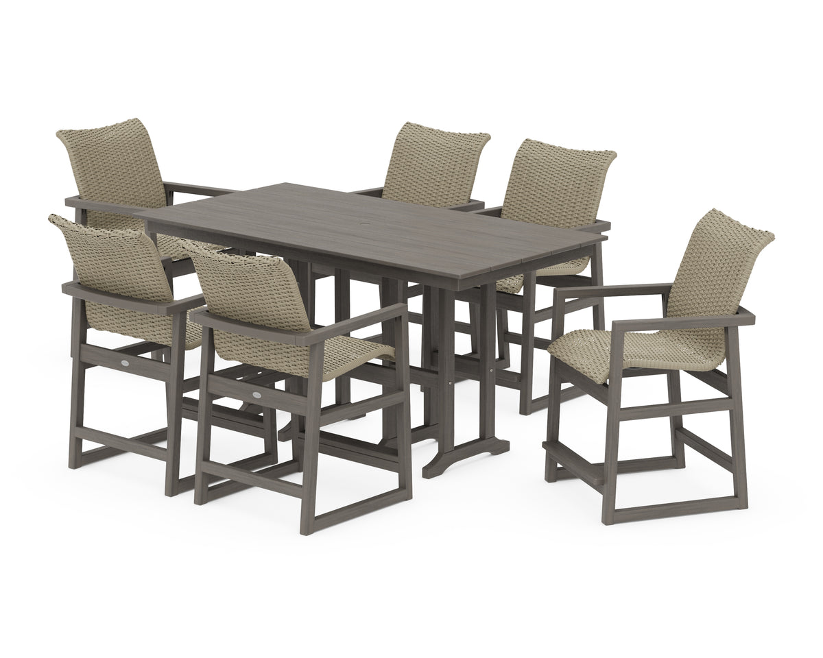 POLYWOOD EDGE Woven Arm Chair 7-Piece Farmhouse Counter Set in Driftwood / Dune Grass