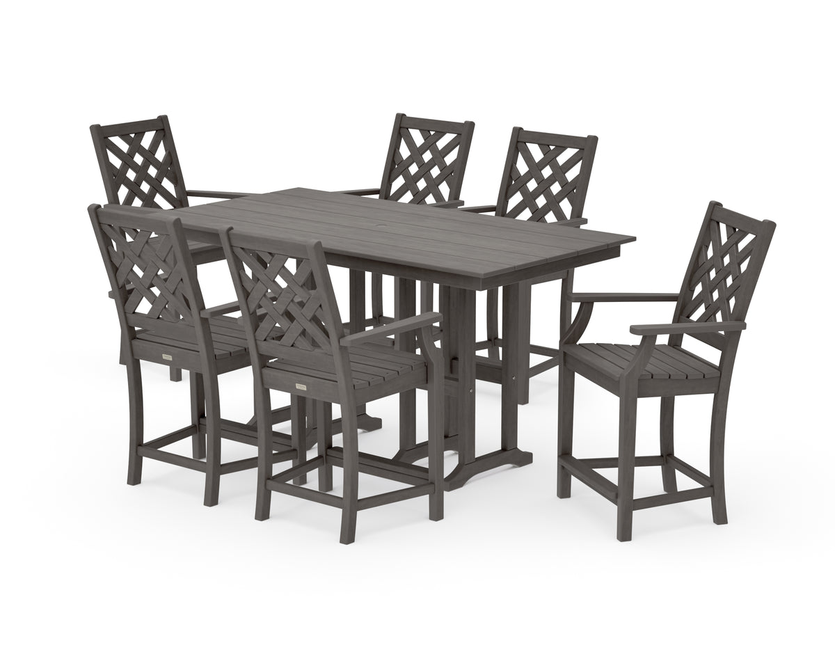 POLYWOOD Country Living Wovendale Arm Chair 7-Piece Farmhouse Counter Set in Driftwood
