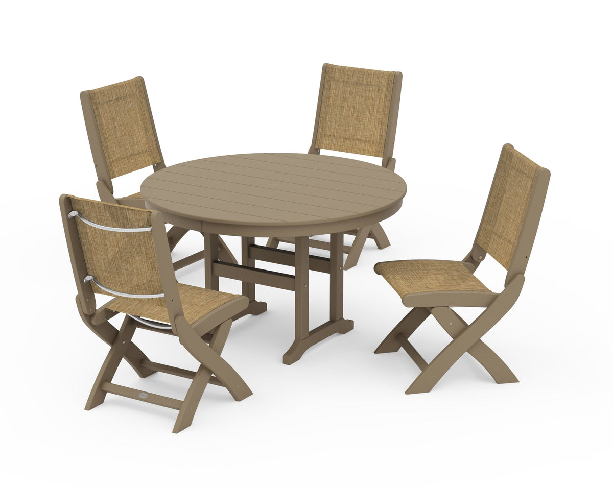POLYWOOD Coastal Folding Side Chair 5-Piece Round Dining Set in Vintage Sahara / Burlap