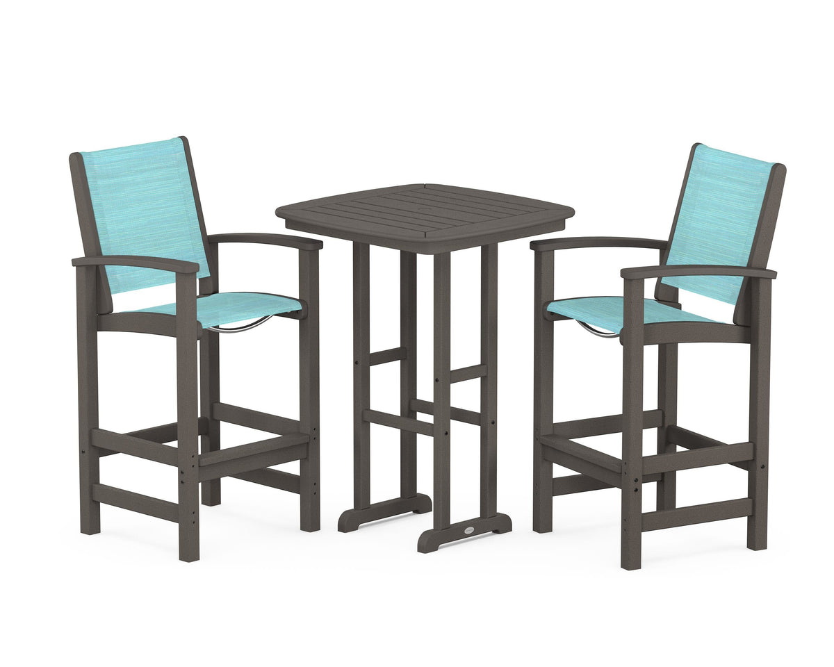 POLYWOOD Coastal 3-Piece Bar Set in Vintage Coffee / Dupioni Aquamarine