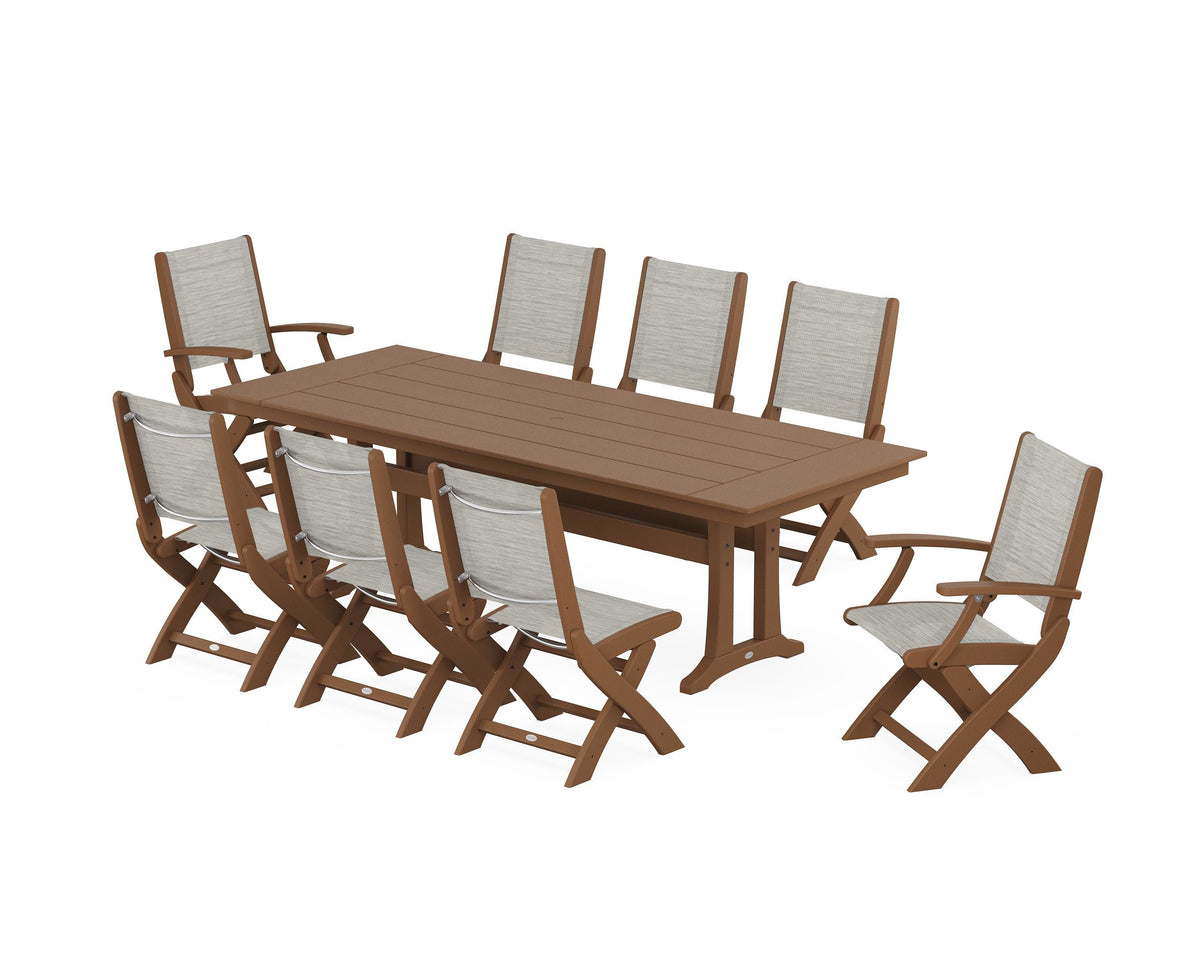 POLYWOOD Coastal 9-Piece Folding Dining Chair Farmhouse Dining Set with Trestle Legs in Teak / Birch