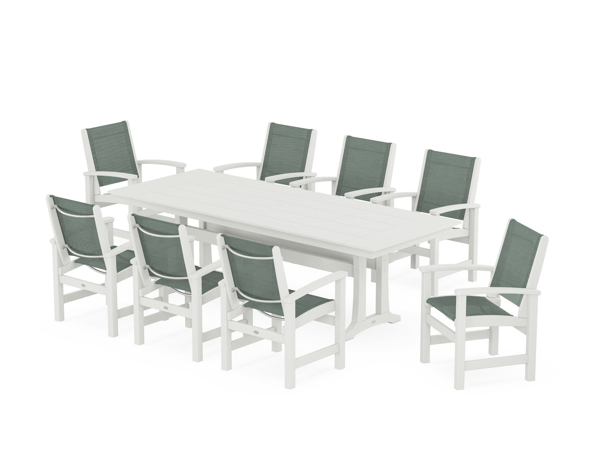 POLYWOOD Coastal 9-Piece Farmhouse Dining Set with Trestle Legs in Vintage White / Dupioni Sea Mist