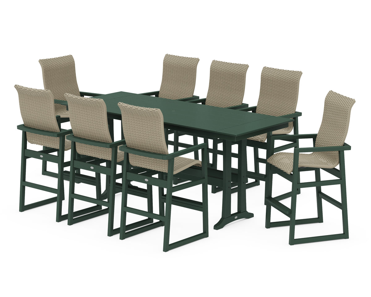 POLYWOOD EDGE Woven Highback 9-Piece Farmhouse Bar Set with Trestle Legs in Green / Dune Grass