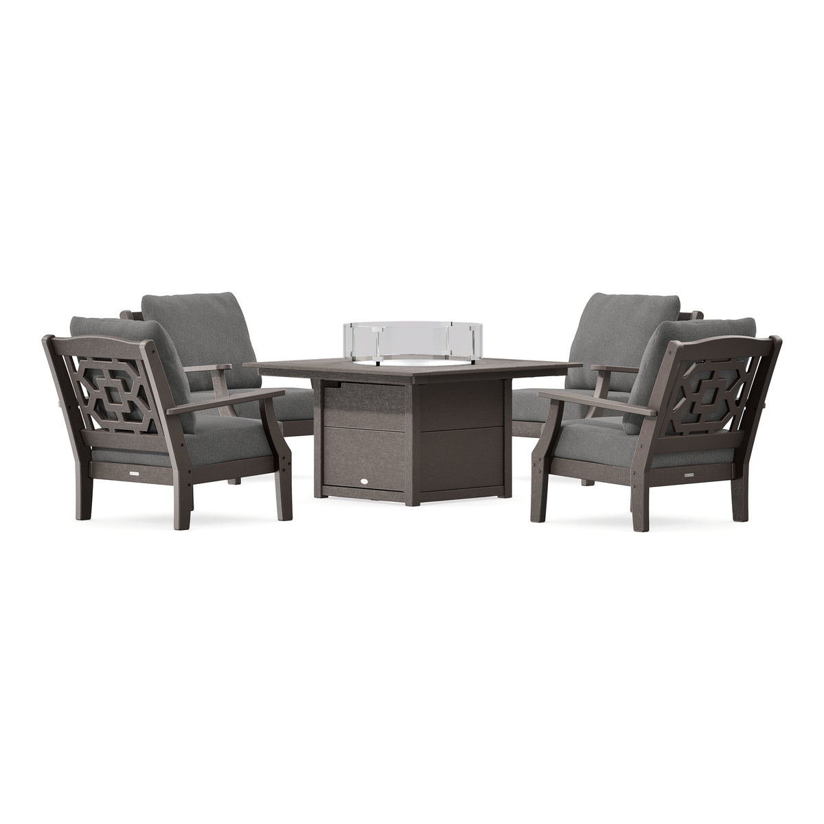 POLYWOOD Chinoiserie 5-Piece Deep Seating Set with Fire Pit Table in Vintage Coffee