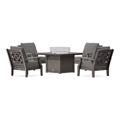 POLYWOOD Chinoiserie 5-Piece Deep Seating Set with Fire Pit Table in Vintage Coffee