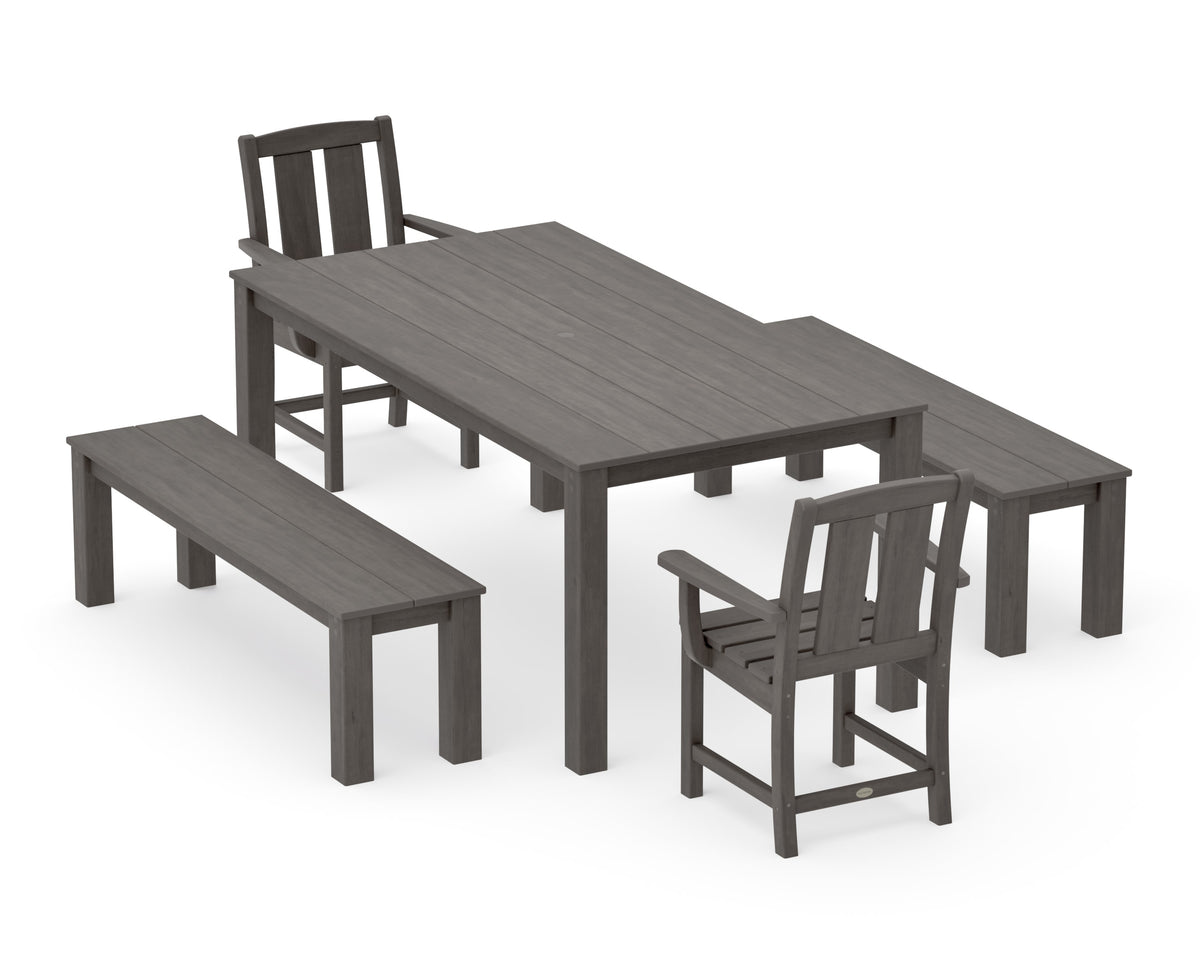 POLYWOOD Mission 5-Piece Parsons Dining Set with Benches in Driftwood
