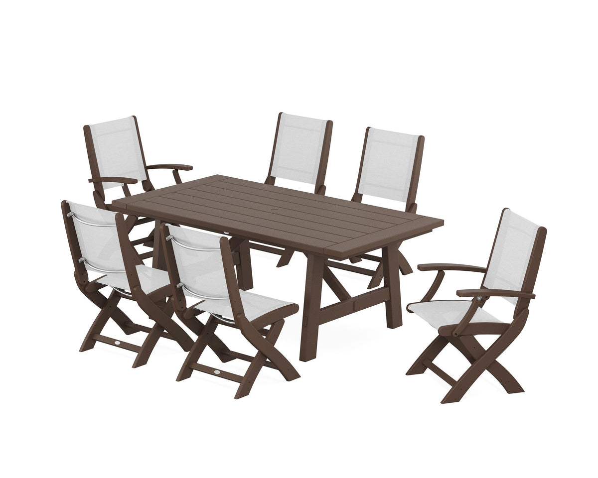 POLYWOOD Coastal Folding Chair 7-Piece Rustic Farmhouse Dining Set in Mahogany / White