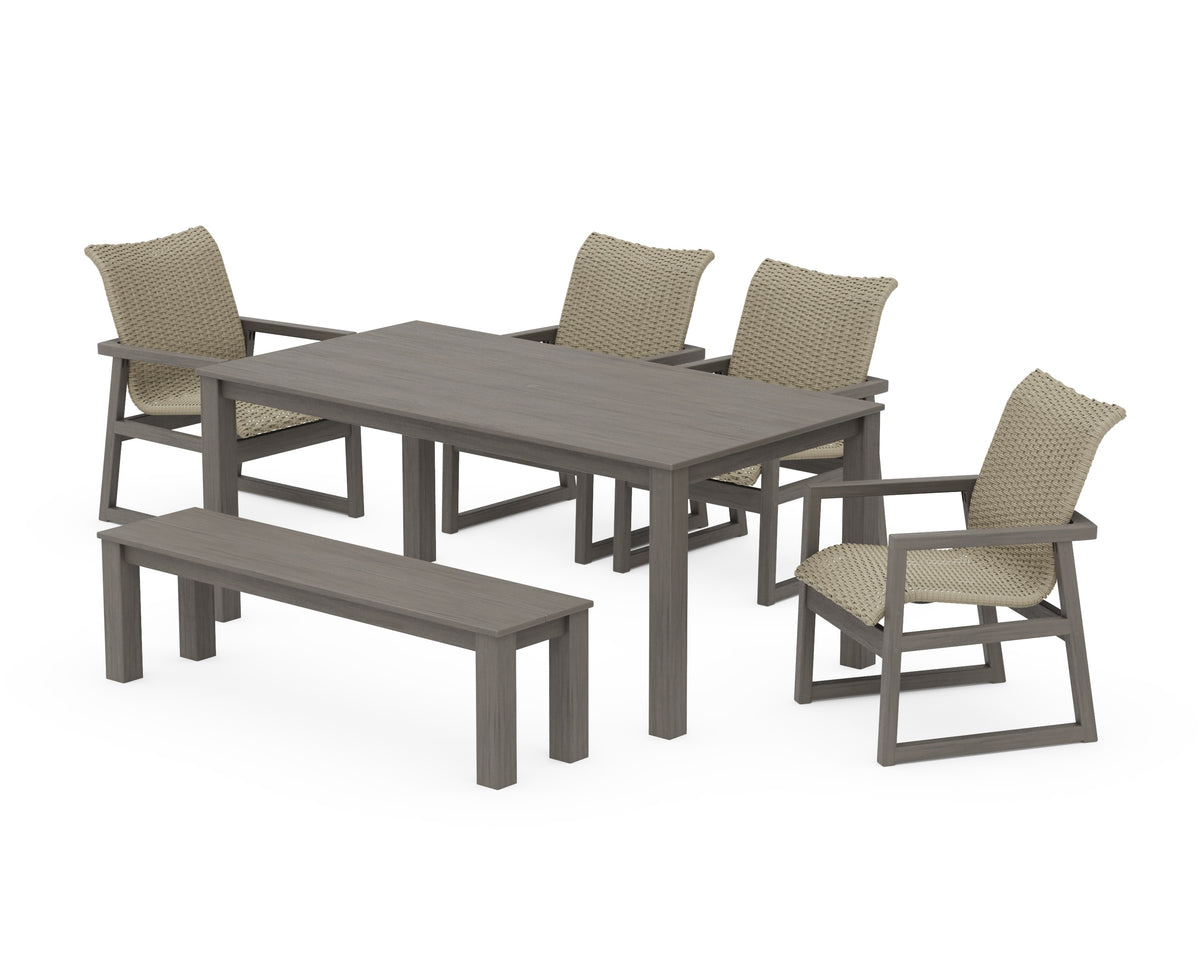 POLYWOOD EDGE Woven 6-Piece Parsons Dining Set with Bench in Driftwood / Dune Grass