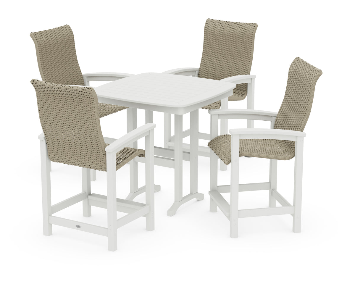 POLYWOOD Coastal Woven High-Back 5-Piece Counter Set in White / Dune Grass