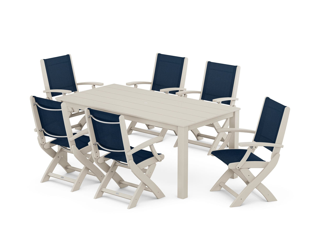 POLYWOOD Coastal Folding Chair 7-Piece Parsons Dining Set in Sand / Navy Blue
