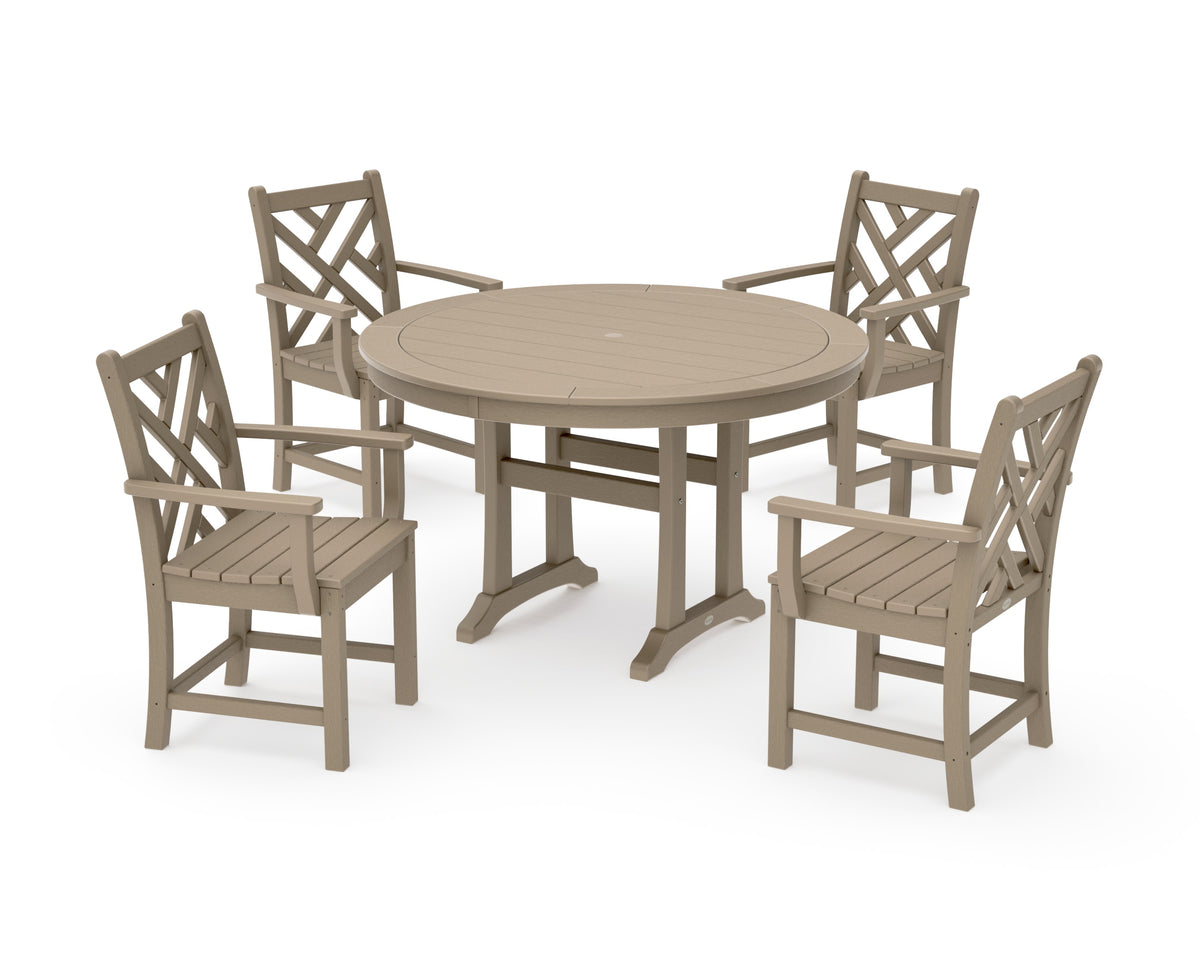 POLYWOOD Chippendale 5-Piece Nautical Trestle Dining Arm Chair Set in Vintage Sahara