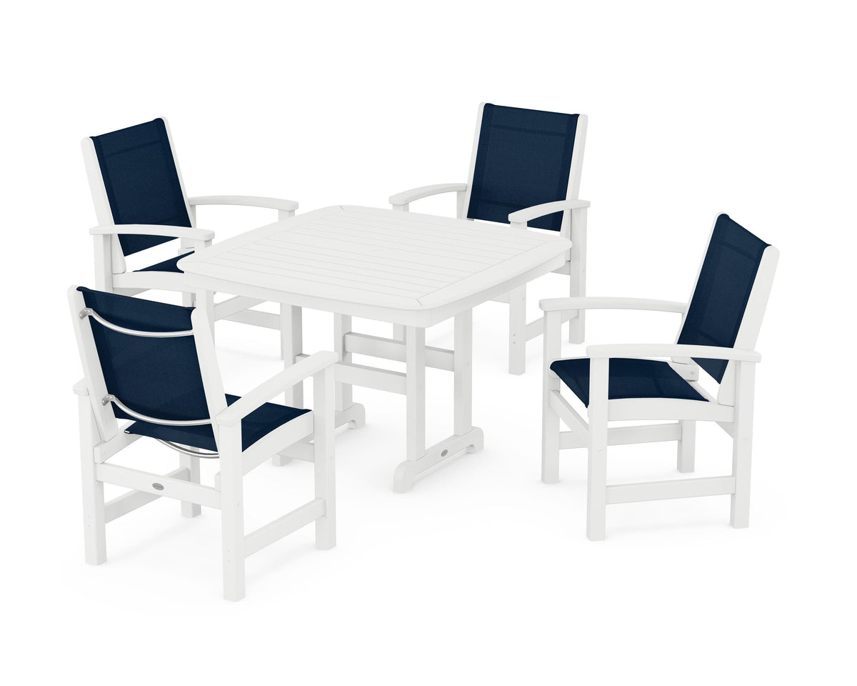 POLYWOOD Coastal 5-Piece Dining Set with Nautical 44" Dining Table in White / Navy Blue