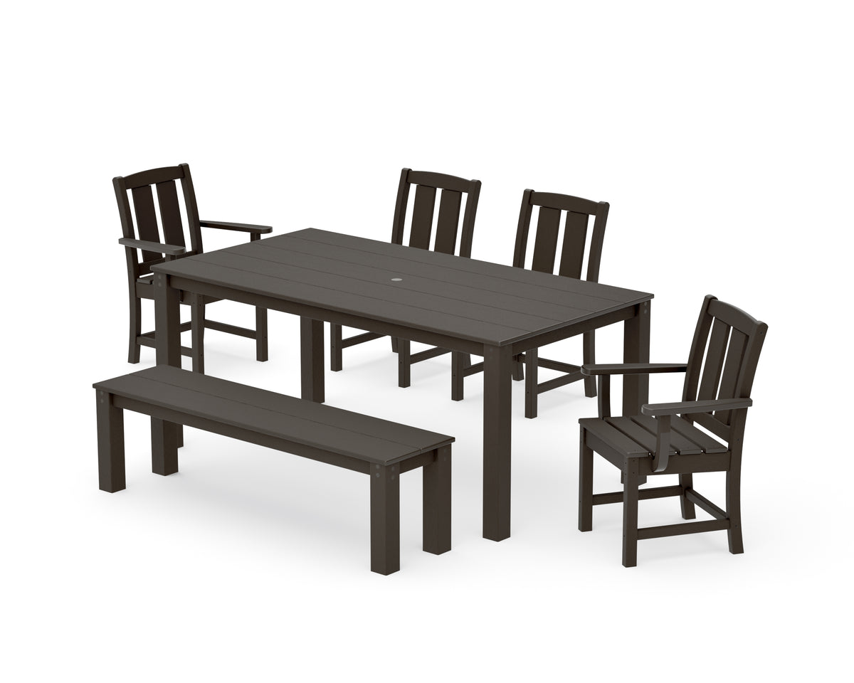 POLYWOOD Mission 6-Piece Parsons Dining Set with Bench with Mission Dining Side Chair in Vintage Coffee