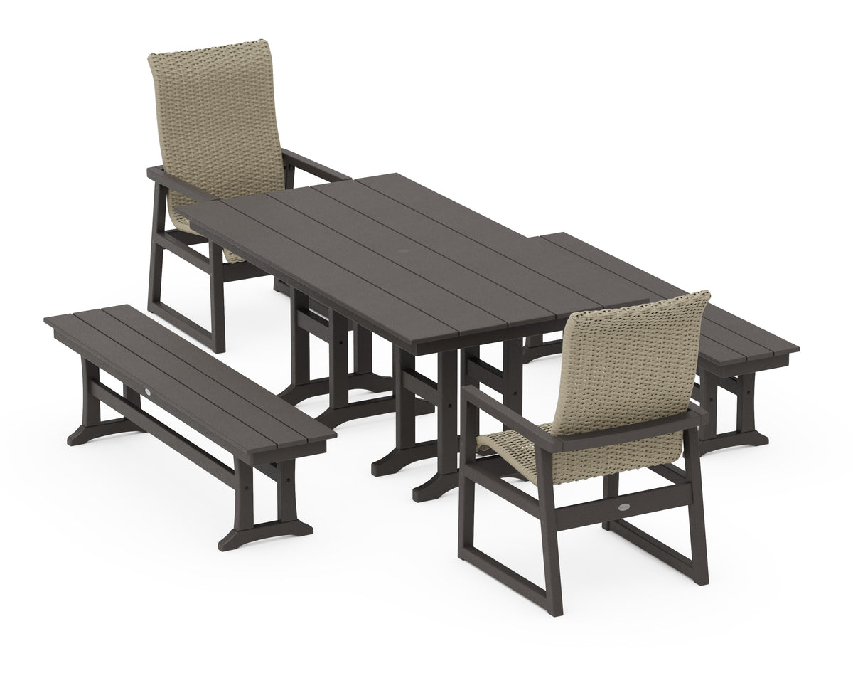 POLYWOOD EDGE Woven High-Back 5-Piece Farmhouse Dining Set with Benches in Vintage Coffee / Dune Grass