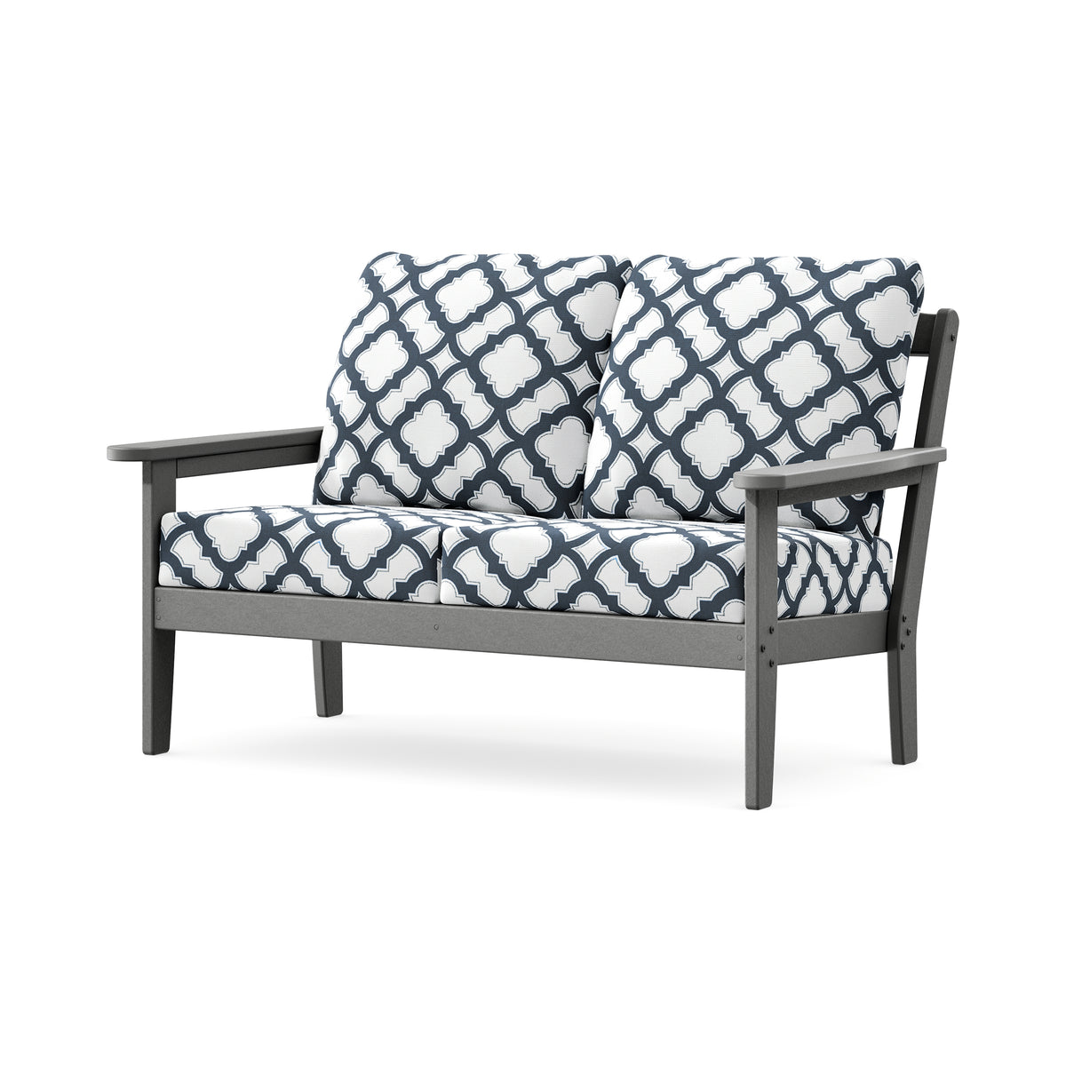 POLYWOOD Cottage Deep Seating Loveseat in Slate Grey / Trellis Marine Indigo