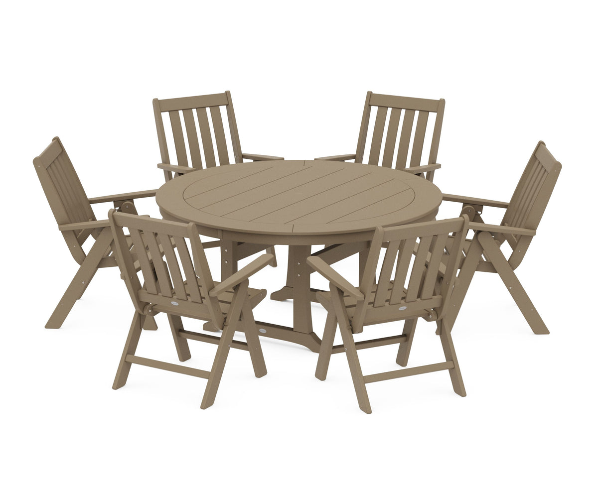 POLYWOOD Vineyard Folding 7-Piece Side Chair Round Dining Set in Vintage Sahara