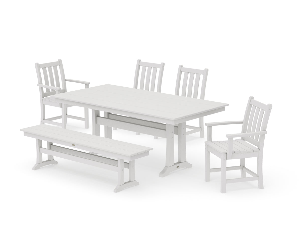POLYWOOD Traditional Garden 6-Piece Farmhouse Dining Set with Trestle Legs and Bench in Vintage White