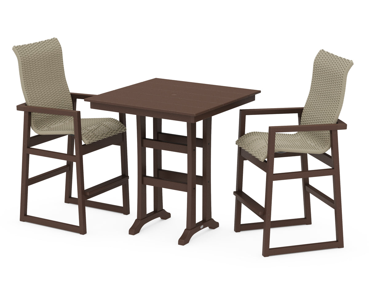 POLYWOOD EDGE Woven Highback 3-Piece Farmhouse Bar Set with Trestle Legs in Mahogany / Dune Grass