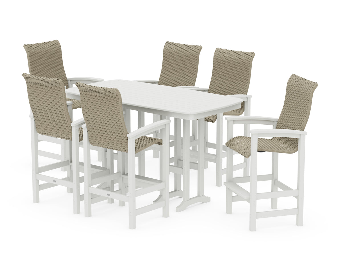POLYWOOD Coastal Woven High-Back Arm Chair 7-Piece Bar Set in Vintage White / Dune Grass