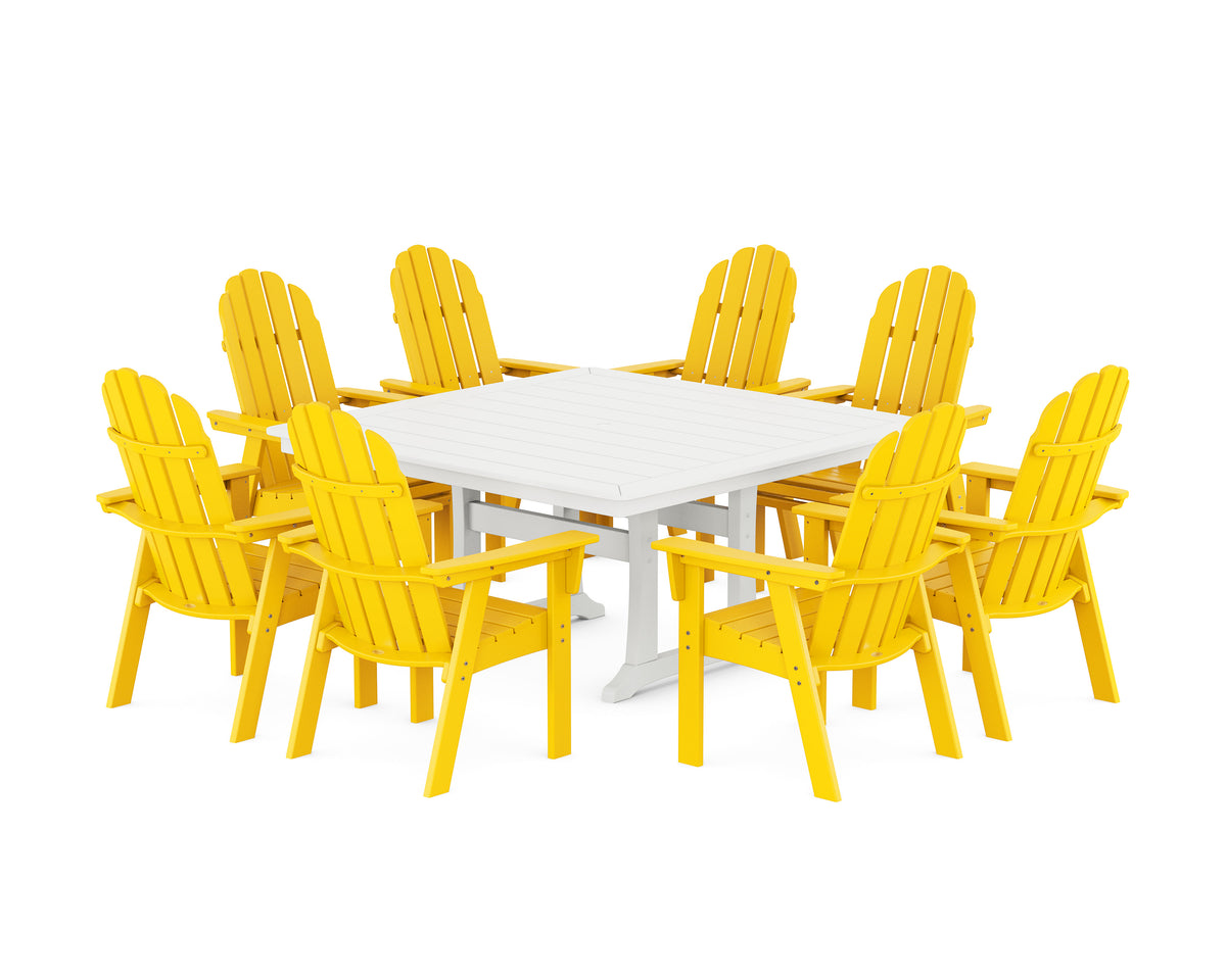 POLYWOOD Vineyard Curveback Adirondack 9-Piece Nautical Trestle Dining Set in Lemon / White