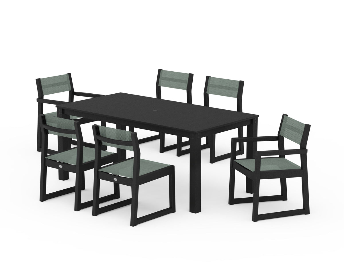 POLYWOOD EDGE Sling 7-Piece Parsons Dining Set in Black / Dupioni Sea Mist