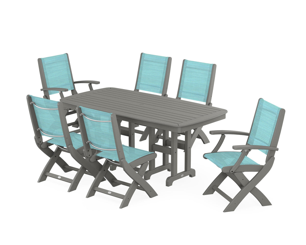 POLYWOOD Coastal Folding Chair 7-Piece Dining Set in Slate Grey / Dupioni Aquamarine