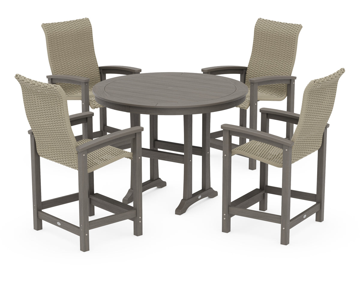 POLYWOOD Coastal Woven High-Back 5-Piece Round Counter Set in Driftwood / Dune Grass