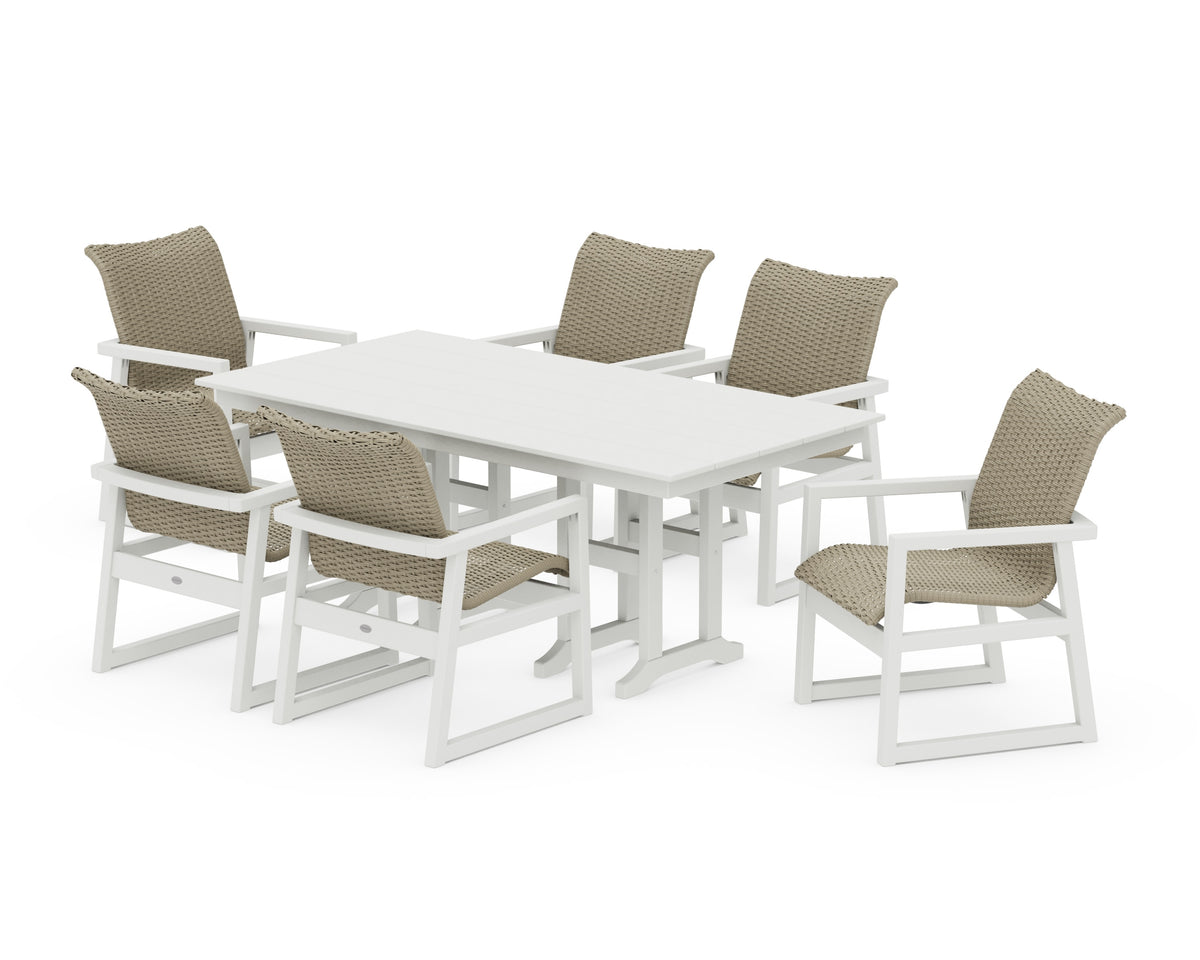 POLYWOOD EDGE Woven Arm Chair 7-Piece Farmhouse Dining Set in White / Dune Grass